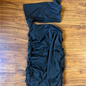 (Body Con Style) Short Black Ruched One-Shoulder Dress